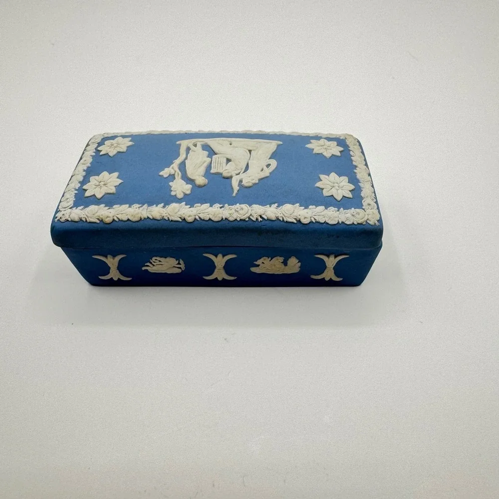 Wedgwood Blue Jasperware Rectangular Trinket Box Neoclassical Made in England